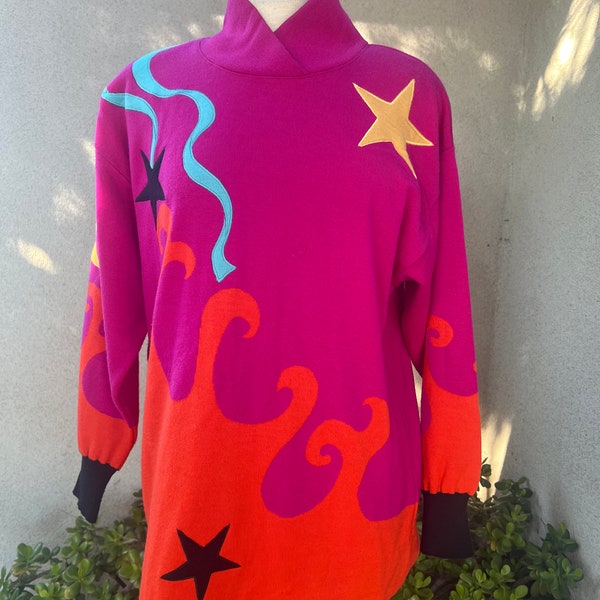 Vintage new wave pullover top wool neon colors Abstract print size Medium 38 Laurel