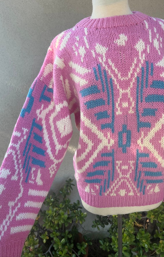 Vintage 80s wool knit sweater pink blue white pul… - image 5