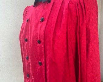 Vintage 80s Jeanne Marc blouse cotton double breasted red black green Small 8/10