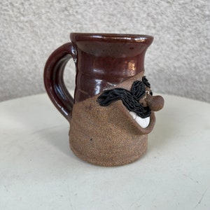 Vintage stoneware studio art pottery brown mug mustache man face brown glaze image 1