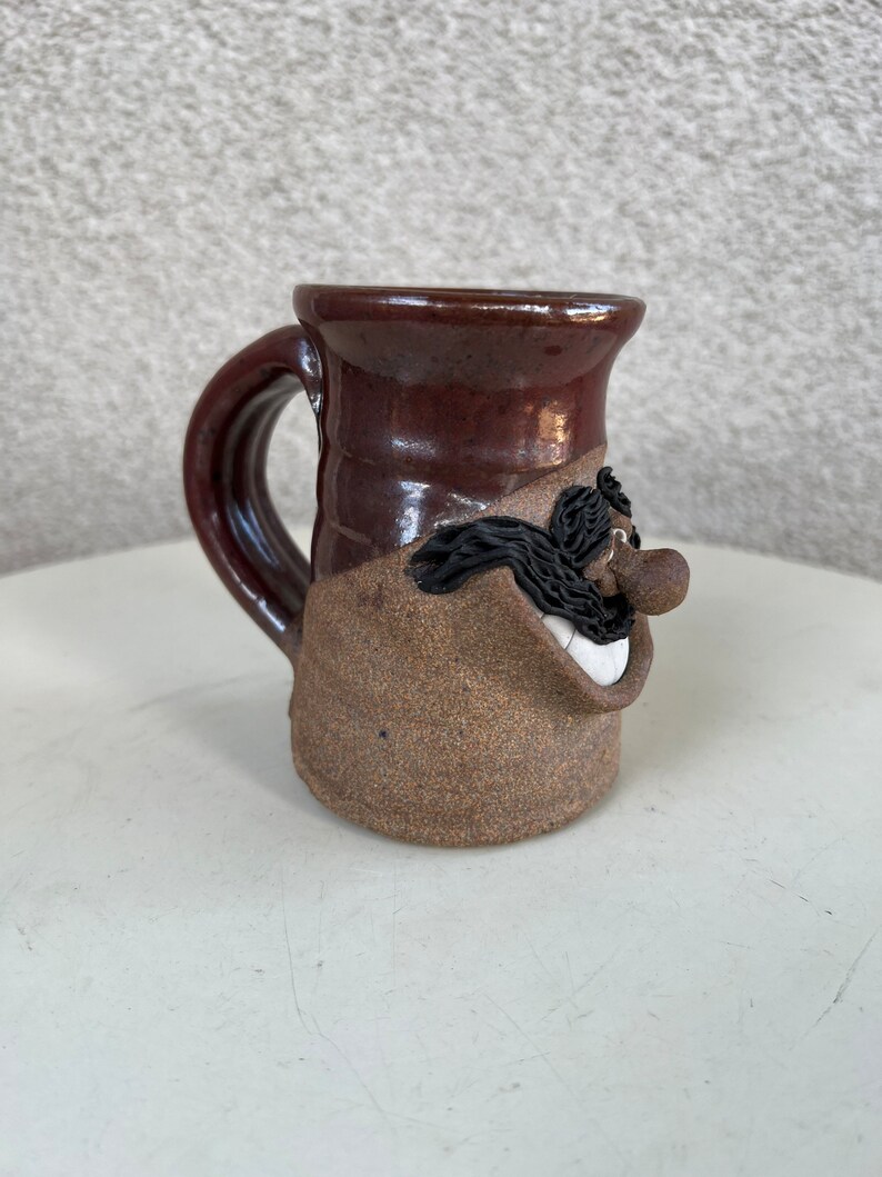Vintage stoneware studio art pottery brown mug mustache man face brown glaze image 1