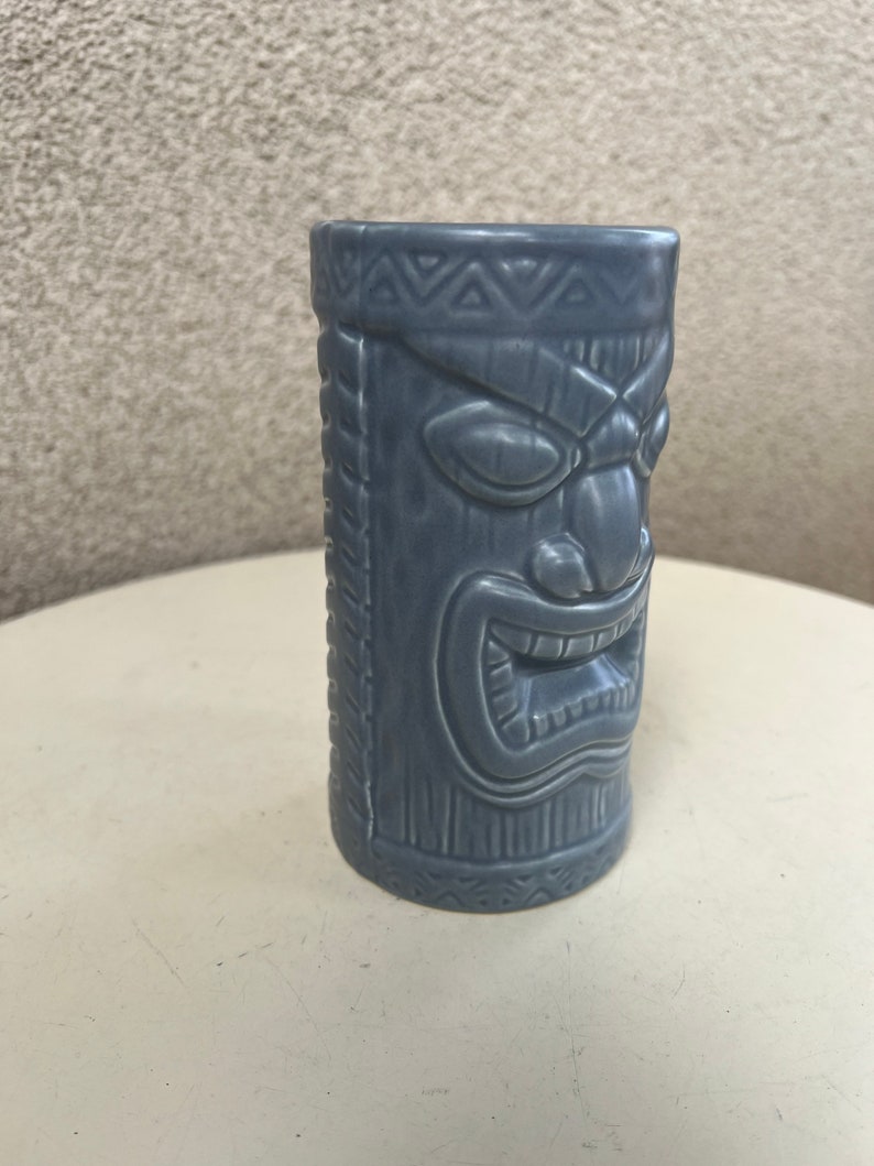 Vintage tall glossy grey blue tiki mug pottery ceramic by KC Co Ltd 2000 image 4