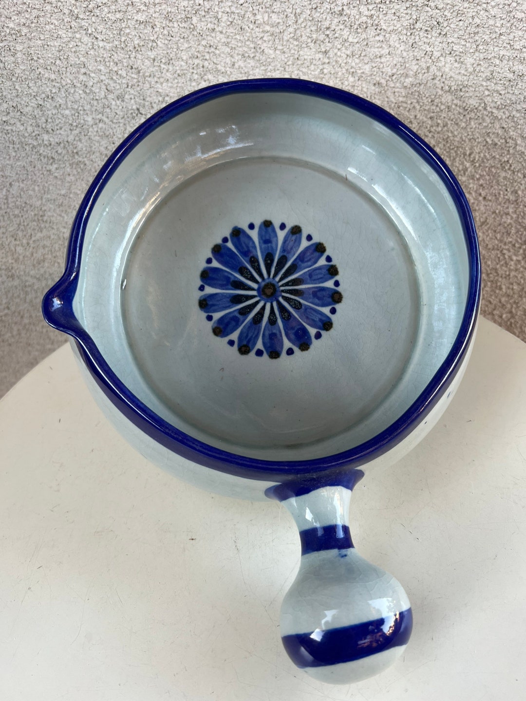 Vintage Ken Edwards Large Pottery Soup Bowl With Handle Blue Flower