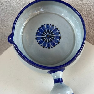 Vintage Ken Edwards large pottery soup bowl with handle blue flower accents size 8.5 x 3.5 image 1