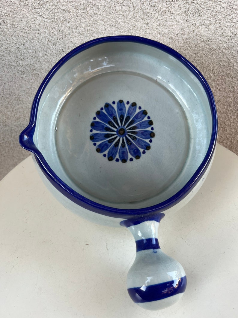 Vintage Ken Edwards large pottery soup bowl with handle blue flower accents size 8.5 x 3.5 image 1