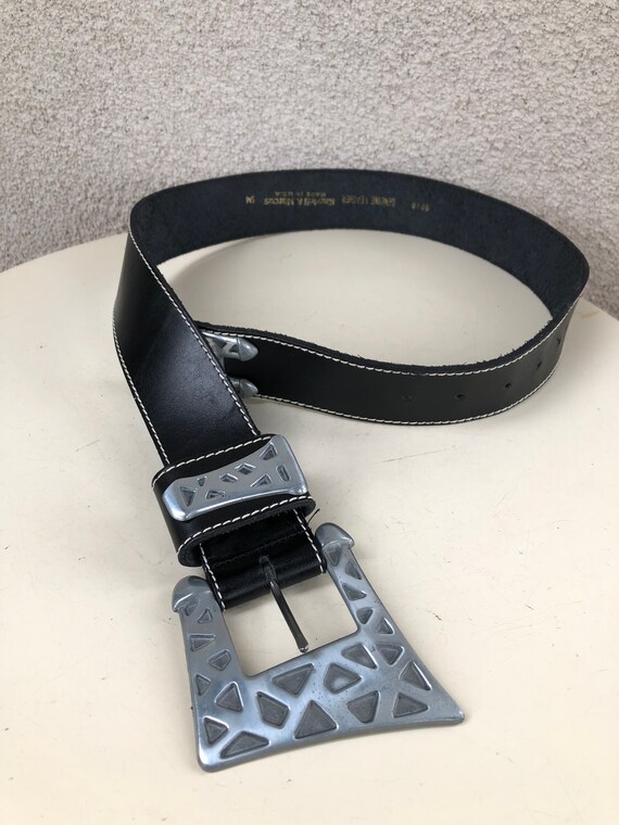Vintage Black Leather Belt: Boho Geometric Silver Buckle  display picture 1