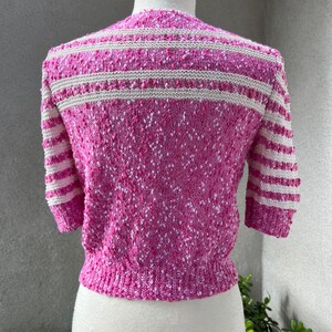 Vintage vibrate pinks stripe white handmade crochet knit top S/M image 2