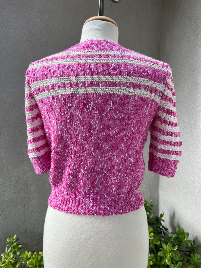 Vintage vibrate pinks stripe white handmade crochet knit top S/M image 2