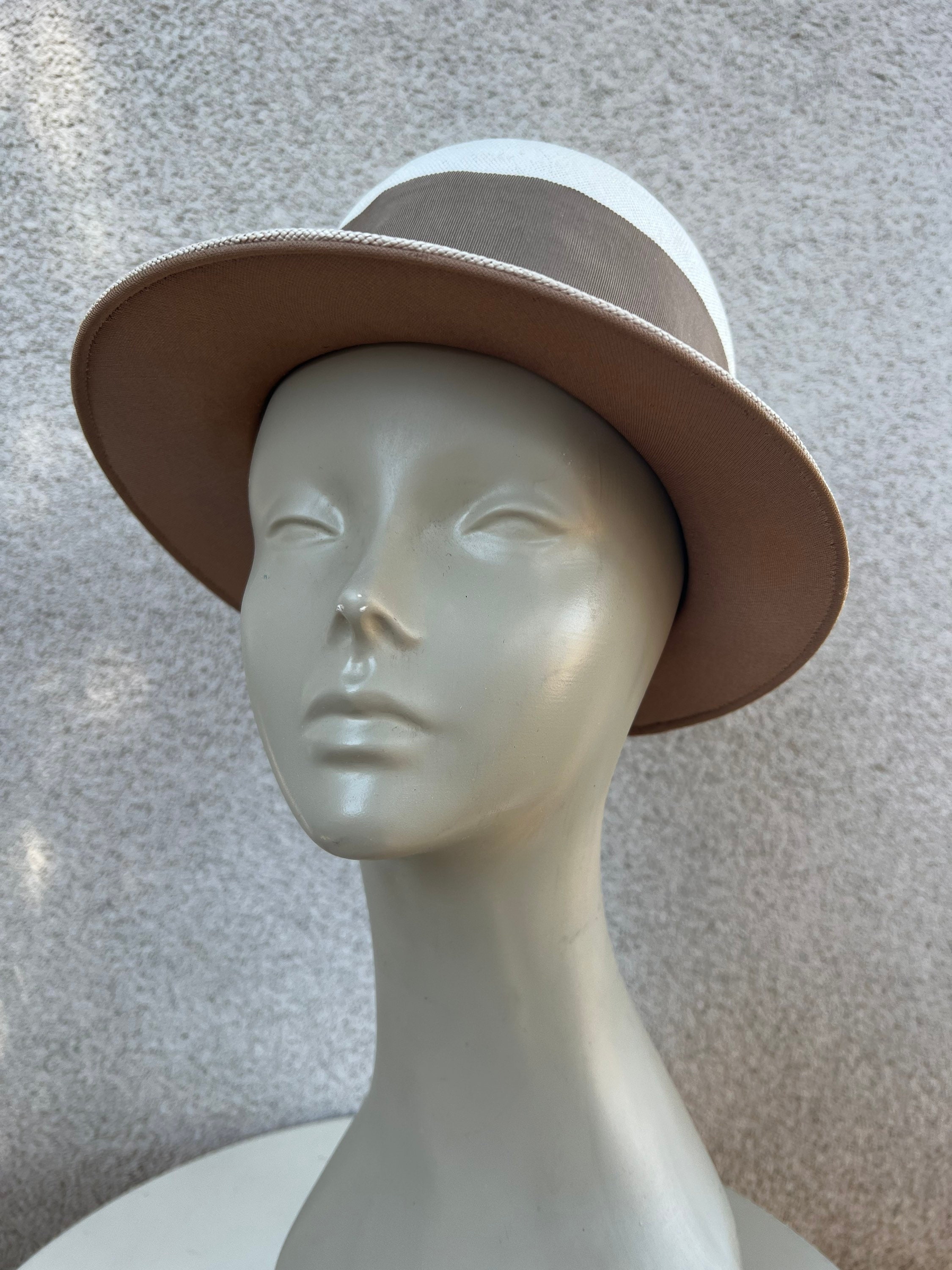 Vintage White Straw Bowler Hat: Taupe Grosgrain Ribbon, Hat  display picture 1