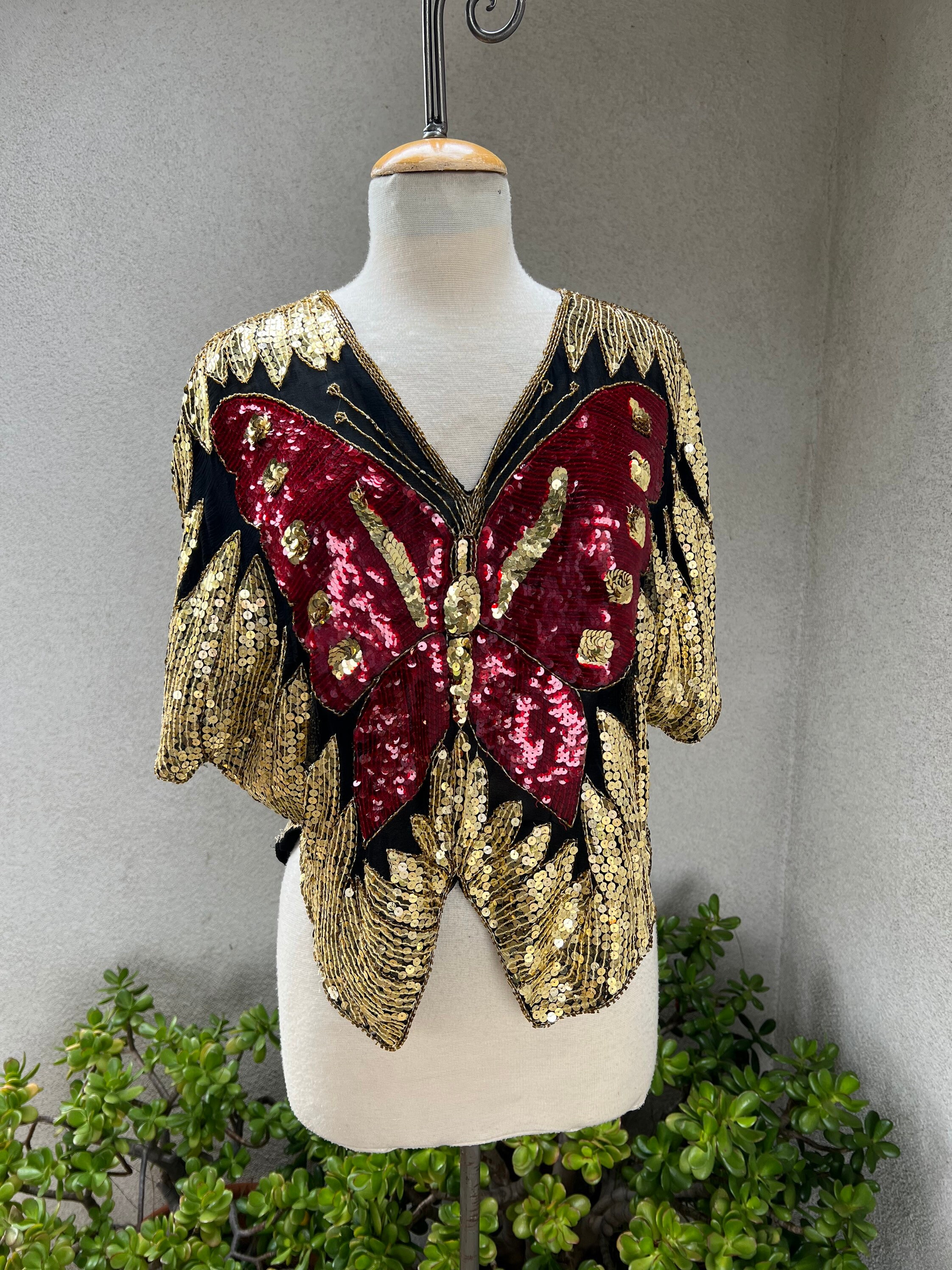 Vintage Glam Rave Sequins Butterfly Sheer Top Gold Burgundy Black Sz ...
