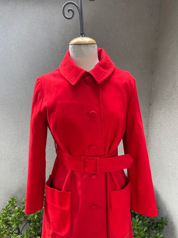 Vintage Mod red button coat lined pockets belt  s… - image 3