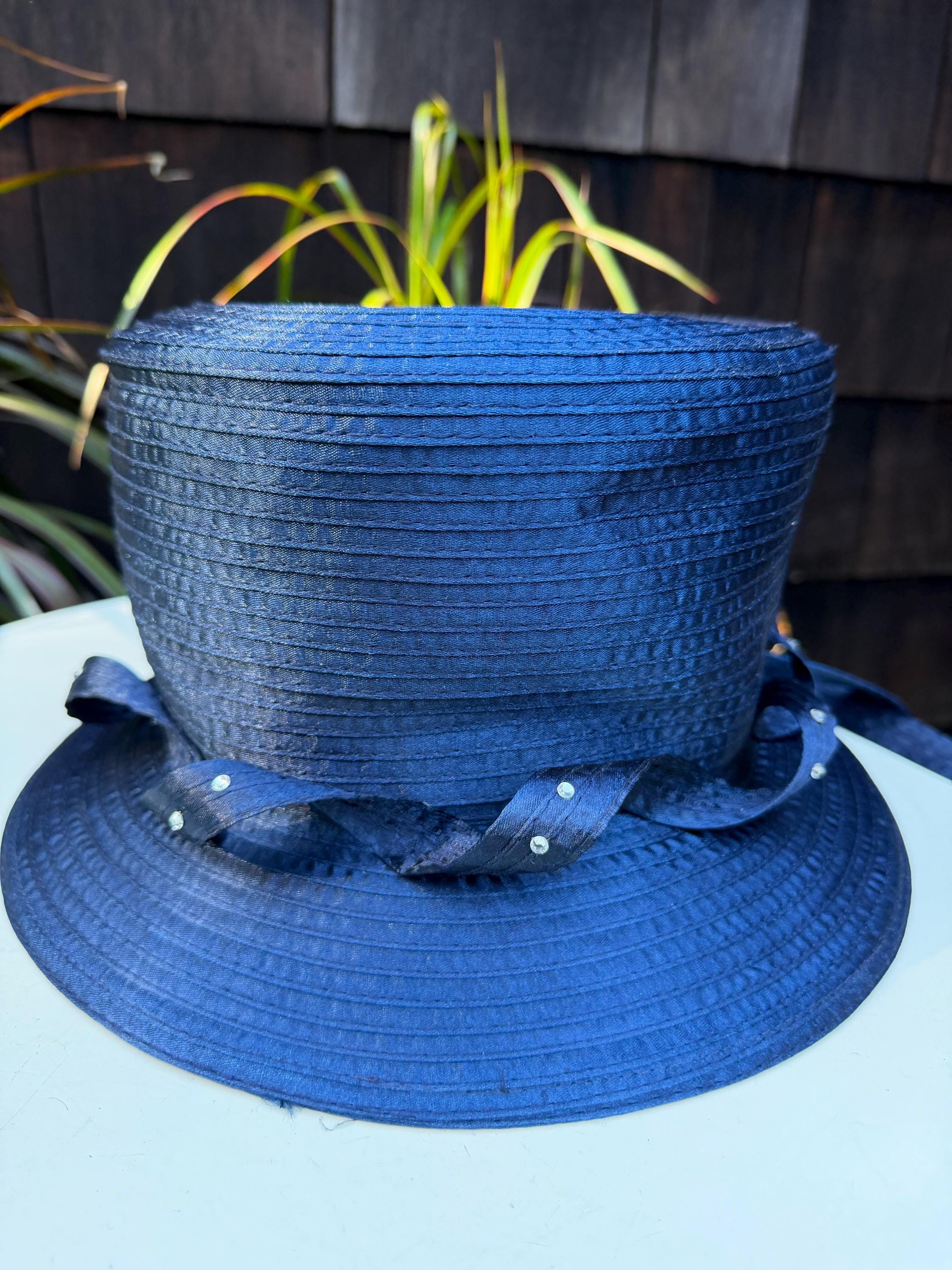 Vintage Navy Blue Brim Hat, Rhinestone Trim, Mr. Song 