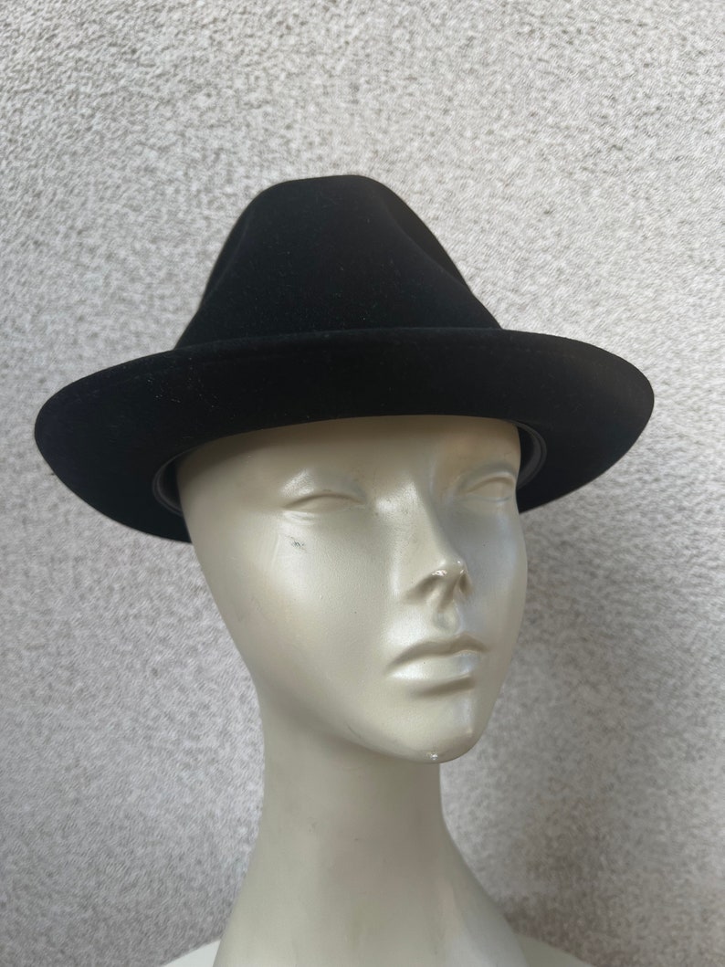 Vintage unisex classic jet black wool fedora hat by Pierre Cardin Paris size 7 3/8 image 10