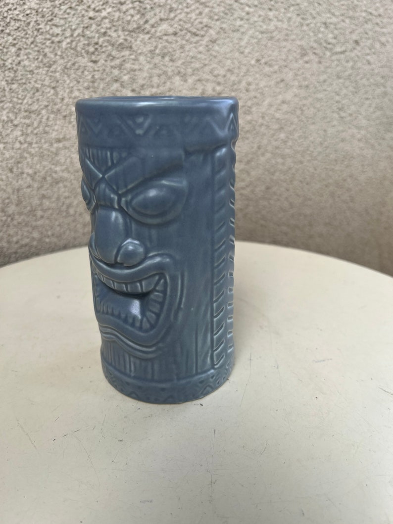 Vintage tall glossy grey blue tiki mug pottery ceramic by KC Co Ltd 2000 image 5