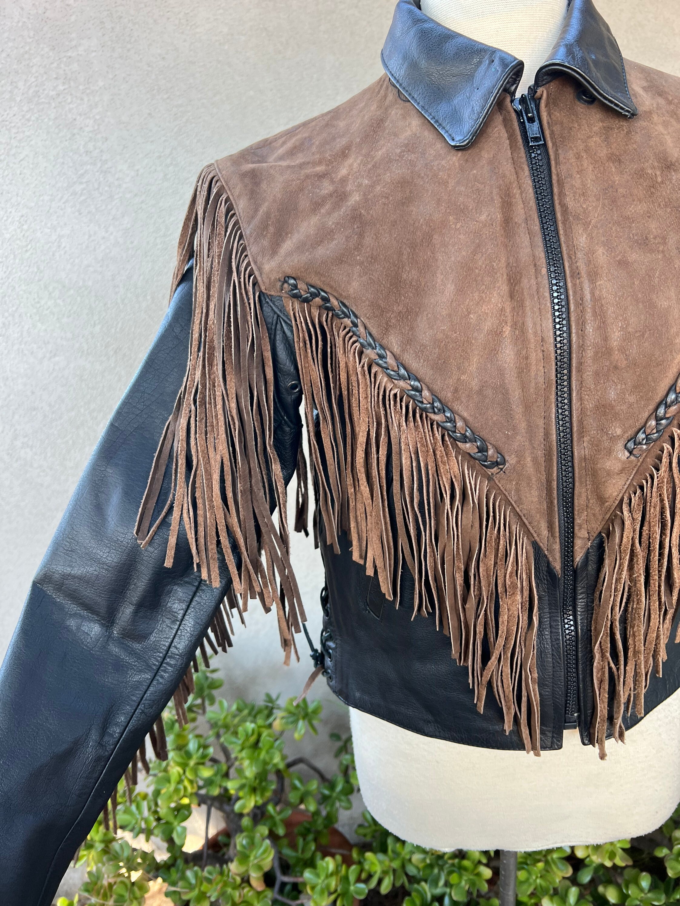 Vintage Western Fringe Leather Motorcycle Jacket - Brown Suede, Sz