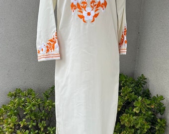 Vintage boho white orange kaftan dress floral embroidered Sz small