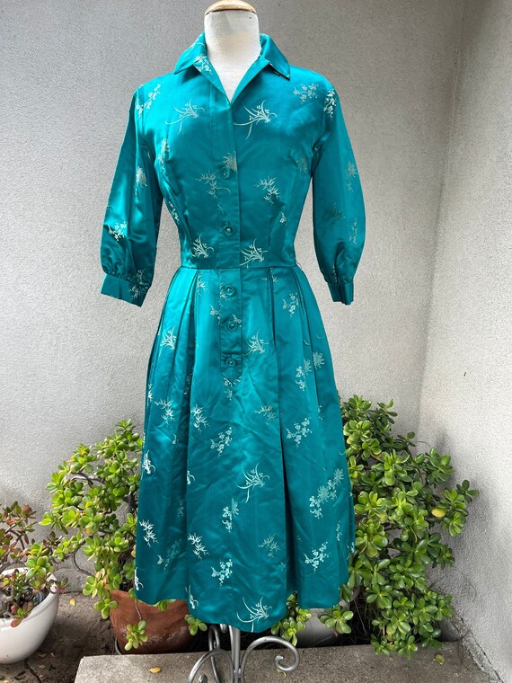 Vintage retro 60s silk brocade custom made dress teal blue size S/M