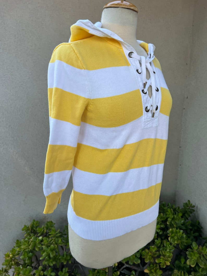 Vintage Ralph Lauren striped yellow white top lace up neckline hood sz S image 7