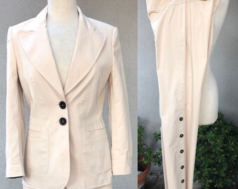 Vintage Escada khaki tan cotton pant Suit tiger print trim cuff sz 38 36 XS Made in Italy