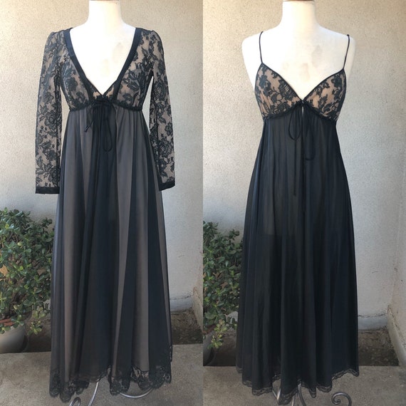 Vintage black nude Peignoir long lingerie set lac… - image 1