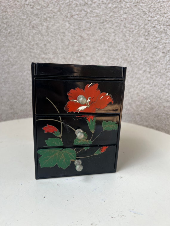 Vintage small jewelry box mirror 3 drawers black l