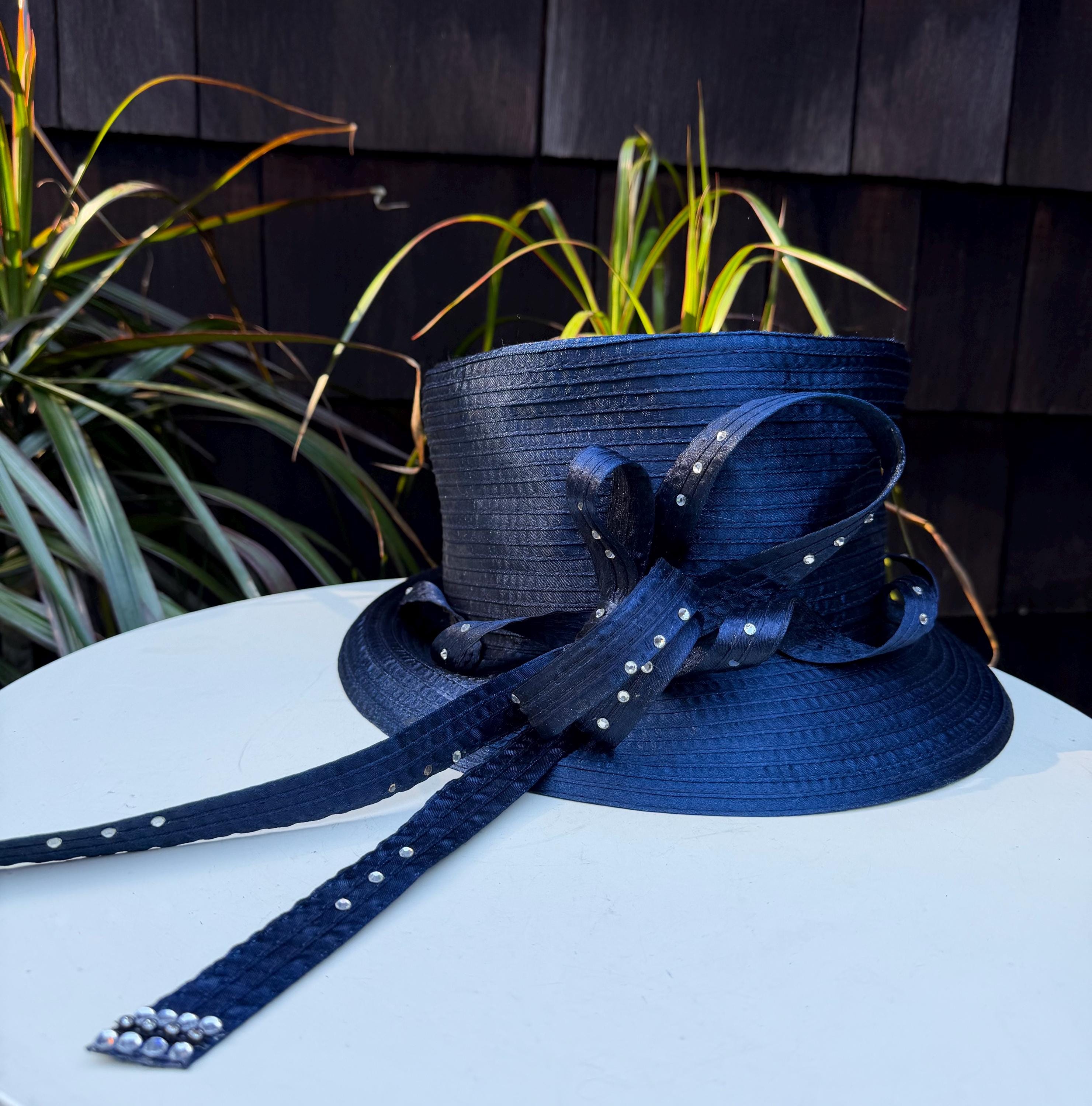 Vintage brim hat navy blue with rhinestones trim 22.5” 7 1/8 Mr. Song Millinery Vintage Navy Blue Brim Hat, Rhinestone Trim, Mr. Song  main image 3