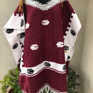 Vintage Mexican Blanket Poncho white burgundy boho print collar leather trim one size image 4