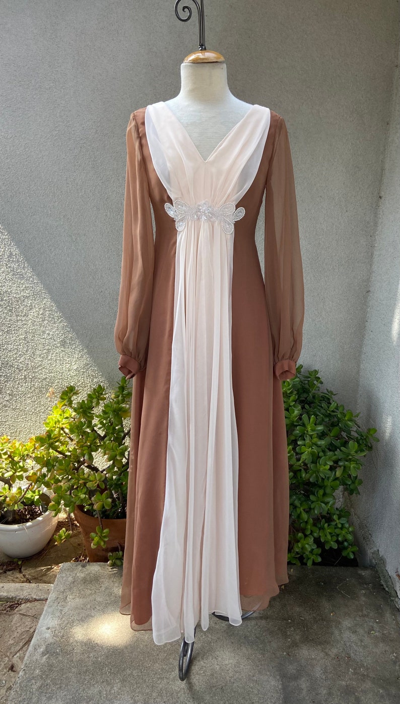 Vintage 1970s maxi sheer chiffon dress soft brown and cream with bodice beaded embellishment 8 Sm Emma Domb California image 1