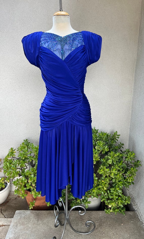 Vintage 80s Disco ruched teal blue dress beaded sh