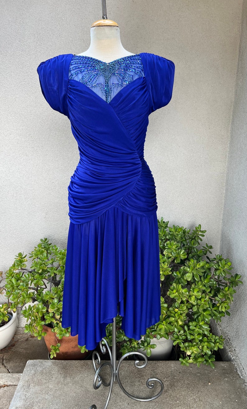 Vintage 80s Disco ruched teal blue dress beaded sheer top by Abby Kent sz 12 image 1