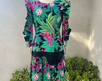 Vintage 80s midi dress tropical floral cotton ruffles NWT Sz 11/12 Medium By Go Vicki!