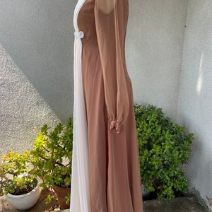 Vintage 1970s maxi sheer chiffon dress soft brown and cream with bodice beaded embellishment 8 Sm Emma Domb California image 8
