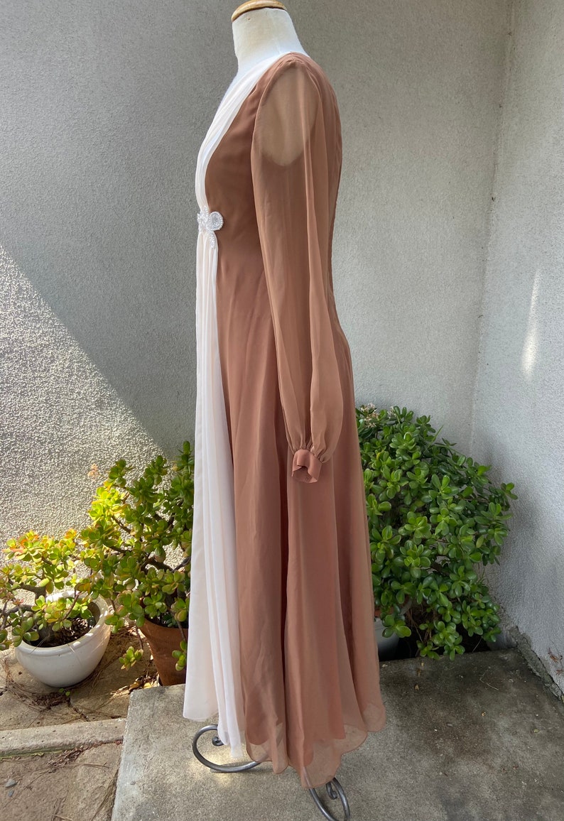 Vintage 1970s maxi sheer chiffon dress soft brown and cream with bodice beaded embellishment 8 Sm Emma Domb California image 8