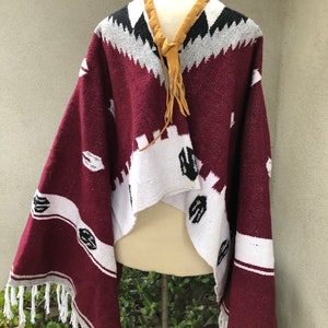 Vintage Mexican Blanket Poncho white burgundy boho print collar leather trim one size image 2
