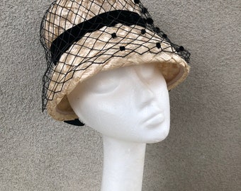 Vintage bucket ivory faux straw cello hat black velvet netting band size 20” Marston’s Store San Diego CA.
