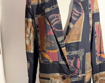 Vintage 80s Artist Print Boyfriend Blazer Jacket – Gold Metallic Fall Colors (Sz M)