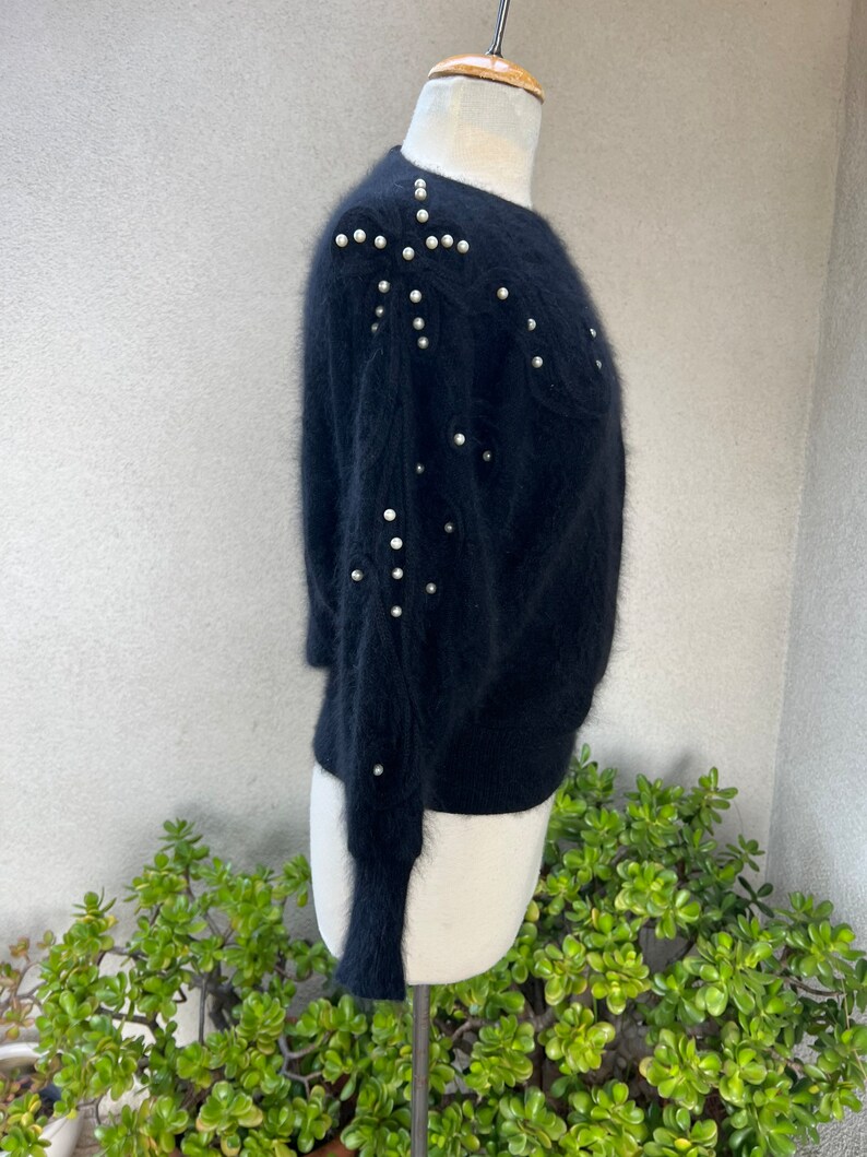 Vintage glam black angora wool pullover textured sweater with pearls embellishments S/M by Jessica California image 4