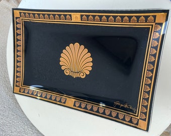 Vintage MCM Neoclassical glass bent tray rectangular black with 22k gold seashell theme signed Georges Briard