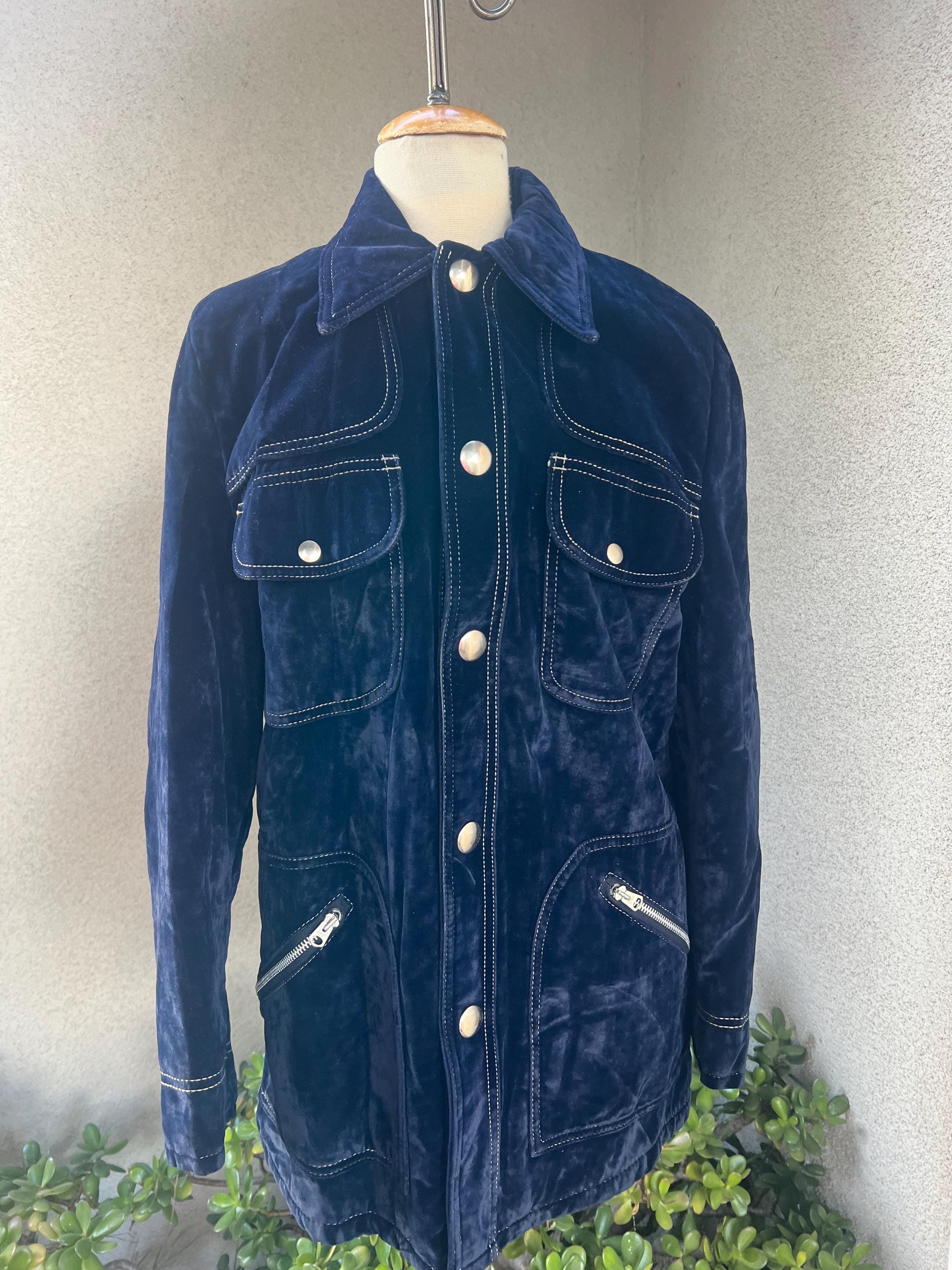 Vintage 70s Unisex Jacket Blue Velveteen Fleece Lined Men's