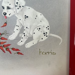 Vintage 1990s Dalmatian Dog Oil Painting Hot stuff By signed Peggy Harris Framed size 11.5 x 9.5 image 3