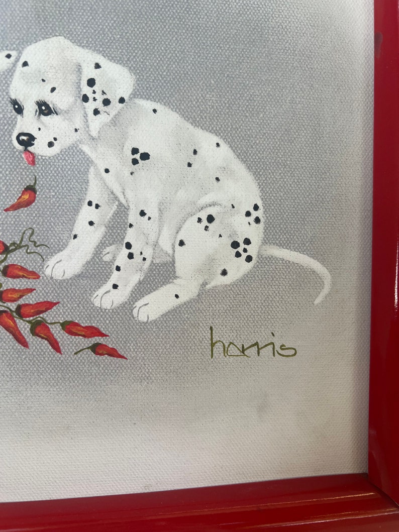 Vintage 1990s Dalmatian Dog Oil Painting Hot stuff By signed Peggy Harris Framed size 11.5 x 9.5 image 3