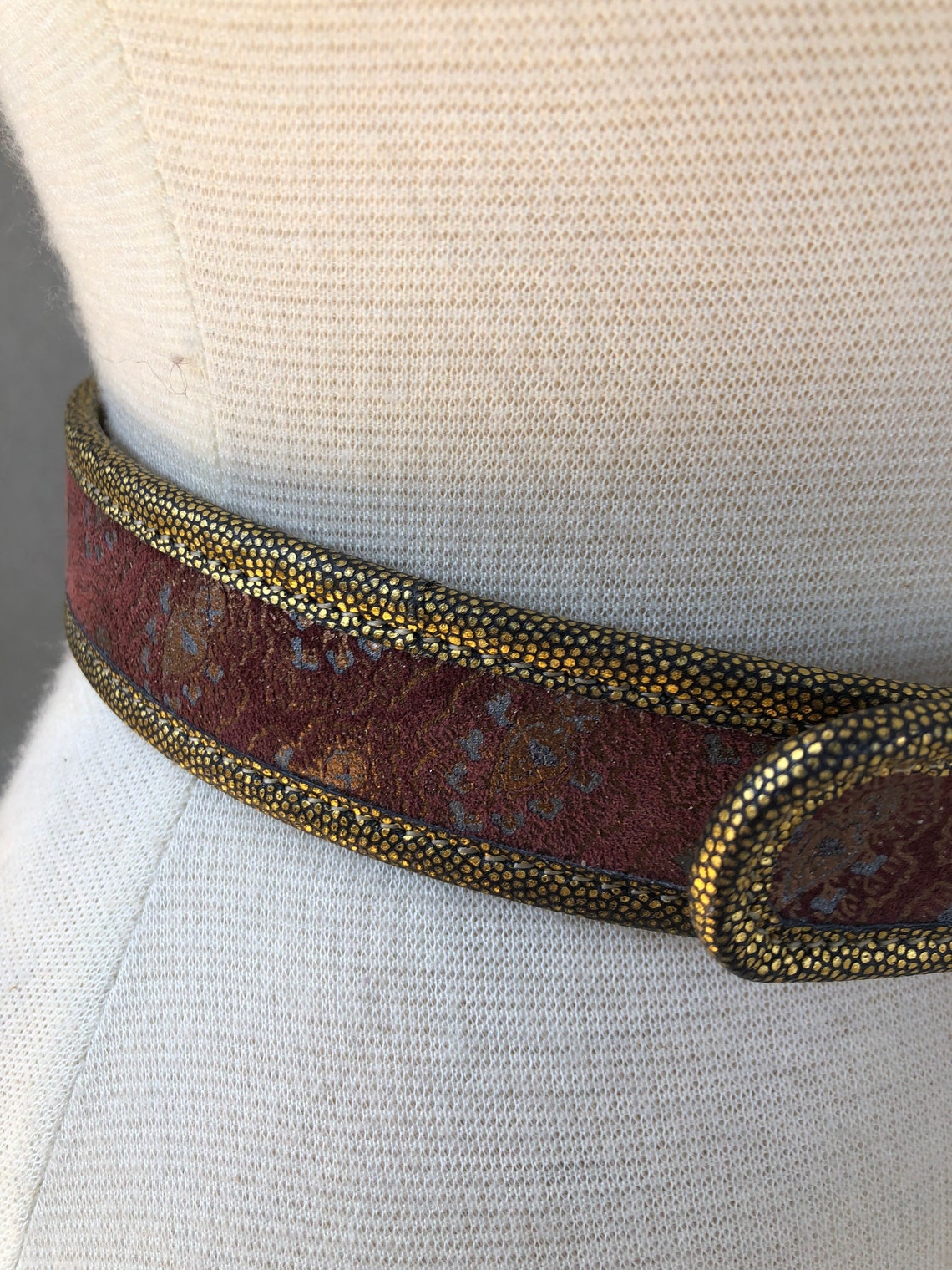 Vintage burgundy paisley gold leather belt Carlos Falchi fits | Etsy