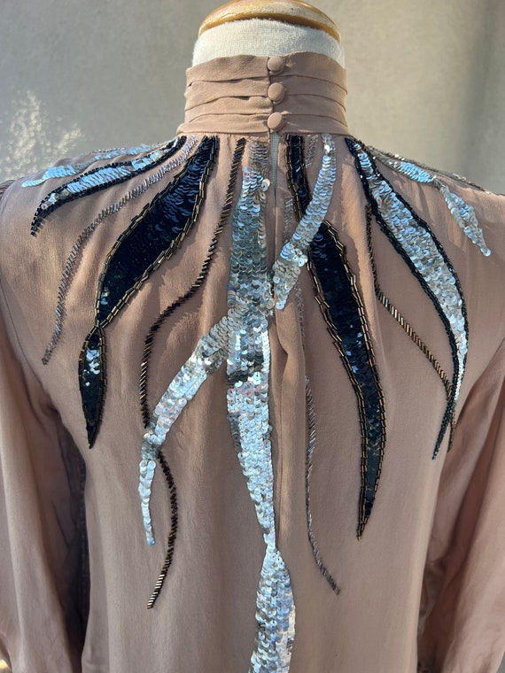 Vintage silk sequins sheath dress taupe silver bl… - image 9