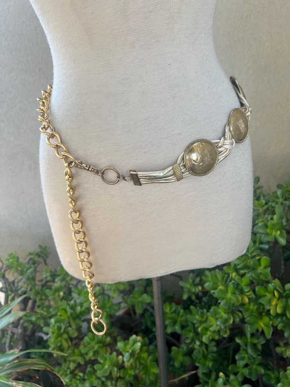 Vintage Boho 80s Belt Brass Discs With Metallic & White  display picture 2