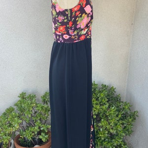 Vintage custom made boho maxi dress black with floral multi colors braid accents sz Medium. image 4