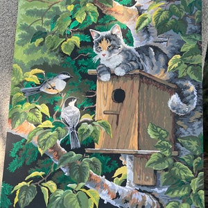 Tableau kitsch vintage chat dans un arbre, peinture par numéro, style 16 x 20 po