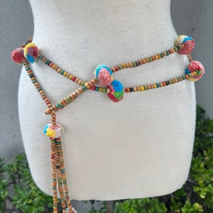 Vintage funky belt Pom-Pom & wood beads size 64” x 1-1/4”