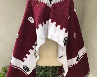 Vintage Mexican Blanket Poncho white burgundy boho print collar leather trim one size