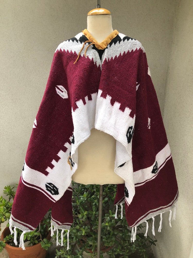 Vintage Mexican Blanket Poncho white burgundy boho print collar leather trim one size image 1