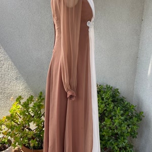 Vintage 1970s maxi sheer chiffon dress soft brown and cream with bodice beaded embellishment 8 Sm Emma Domb California image 4